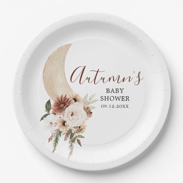 Assiettes En Carton Boho Beige Lune Florale Baby shower Plaque de papi (Devant)