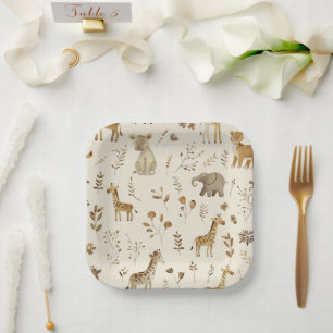 Assiettes En Carton Boho Blanc Beige Jungle Animaux