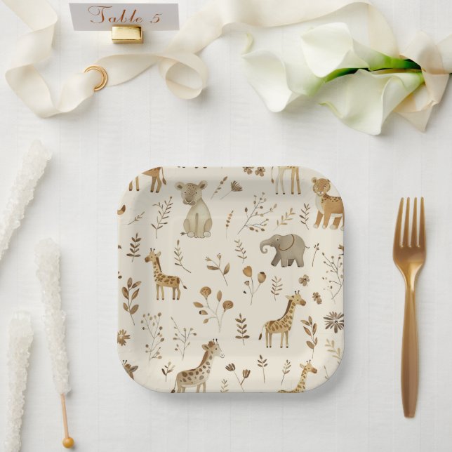 Assiettes En Carton Boho Blanc Beige Jungle Animaux (Mariage)