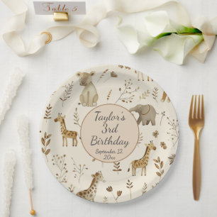 Assiettes En Carton Boho Blanc Beige Jungle Animaux Anniversaire