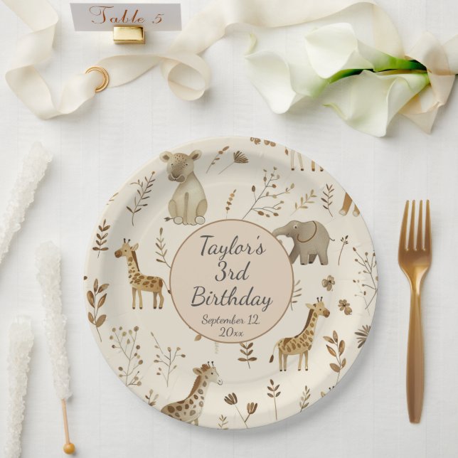 Assiettes En Carton Boho Blanc Beige Jungle Animaux Anniversaire (Mariage)