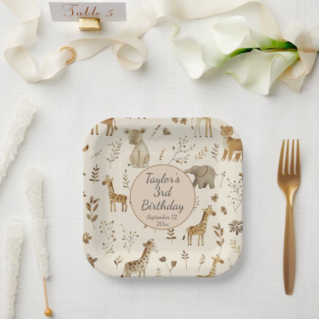 Assiettes En Carton Boho Blanc Beige Jungle Animaux Anniversaire (Mariage)