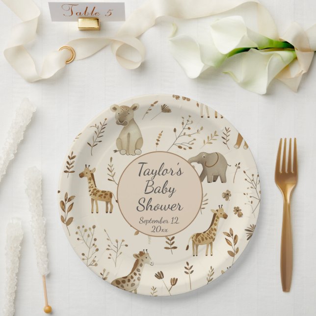 Assiettes En Carton Boho Blanc Beige Jungle Baby shower Animaux (Mariage)