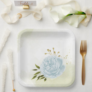Assiettes En Carton Boho bleu fleurs vert feuille botanique
