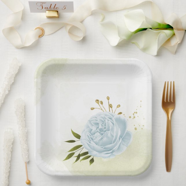 Assiettes En Carton Boho bleu fleurs vert feuille botanique (Mariage)