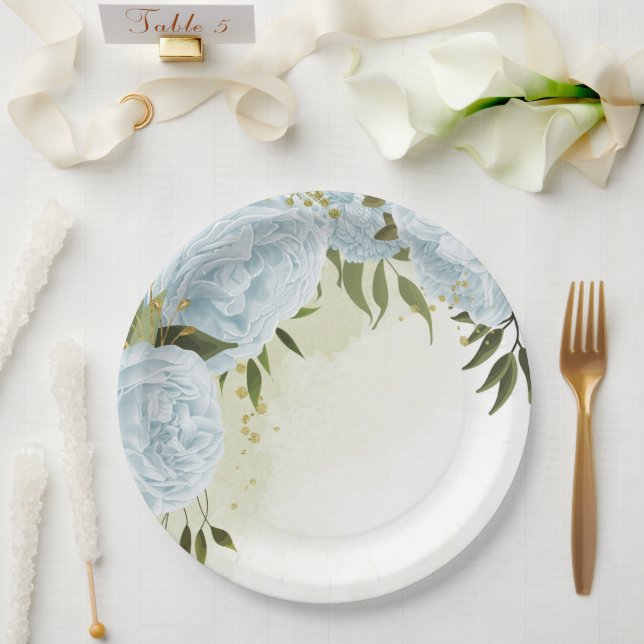 Assiettes En Carton Boho bleu fleurs vert feuille botanique (Mariage)