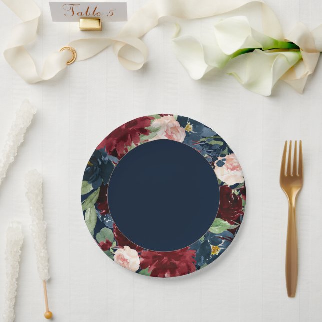 Assiettes En Carton Boho Blooms | Sombre marine bleu et couronne borde (Mariage)
