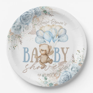 Assiettes En Carton Boho Blue Floral Pampas Teddy Bear Boy Baby shower