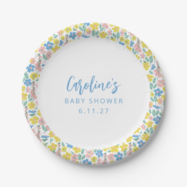 Assiettes En Carton Boho Blue Jaune Ditsy Floral Baby shower personnal (Devant)