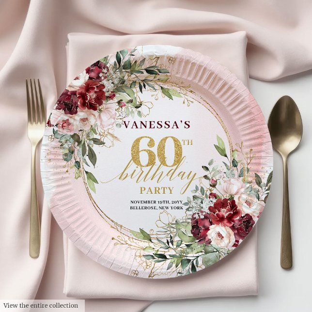 Assiettes En Carton Boho Bourgogne Or Floral Élégant 60e Anniversaire (Boho Burgundy Gold Floral Elegant 60th Birthday Plates)
