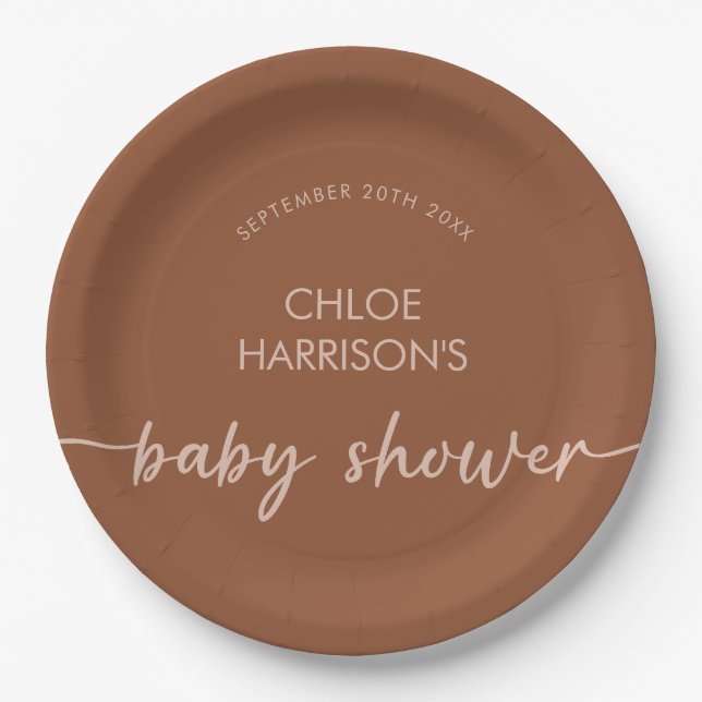 Assiettes En Carton Boho Brown Terracotta Baby shower Script beige (Devant)