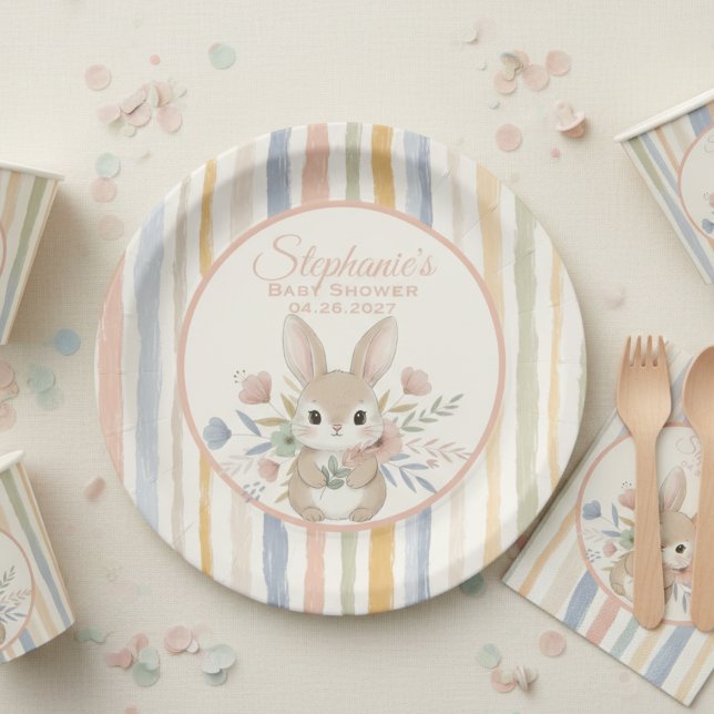 Assiettes En Carton Boho Bunny Watercolor Stripe Plate (Boho bunny watercolor striped baby shower paper plate)