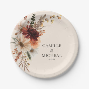 Assiettes En Carton Boho Burgundy Floral Mariage