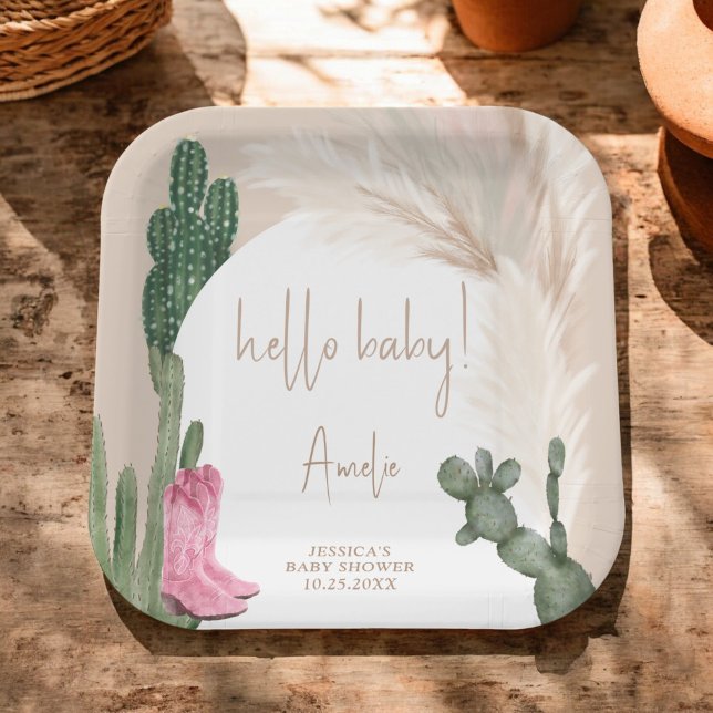 Assiettes En Carton Boho cactus pampas cowboy bottes bonjour baby show (Boho cactus pampas cowboy boots hello baby shower paper plates)