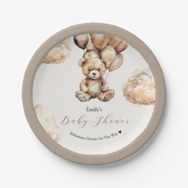 Assiettes En Carton Boho Chic Teddy Boloons Nuages Baby shower (Devant)