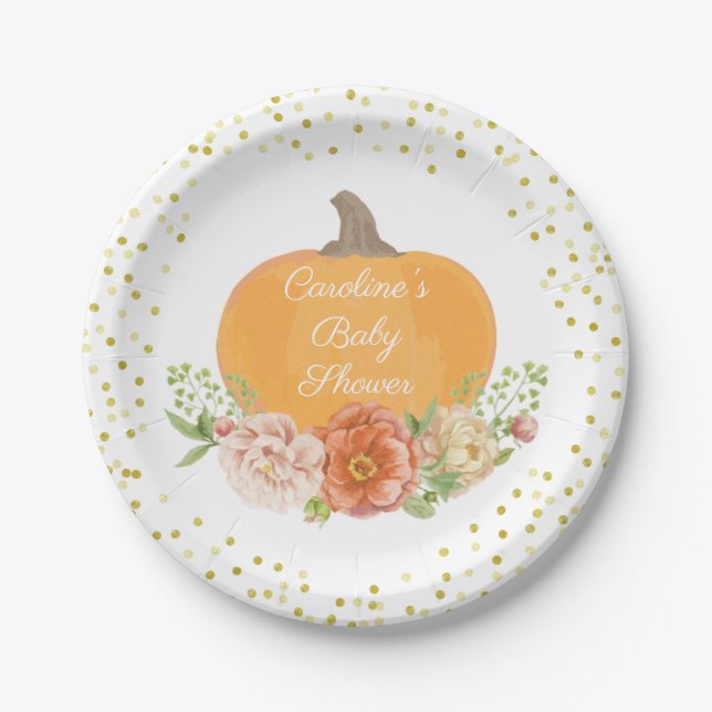 Assiettes En Carton Boho Citrouille Automne Baby shower Aquarelle Flor (Devant)