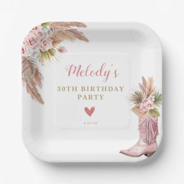 Assiettes En Carton Boho Cowgirl Boot Pampas Grass Roses Anniversaire (Recto)