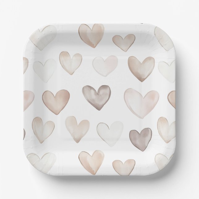 Assiettes En Carton Boho Crème Quirky Beige Hearts Motif (Recto)
