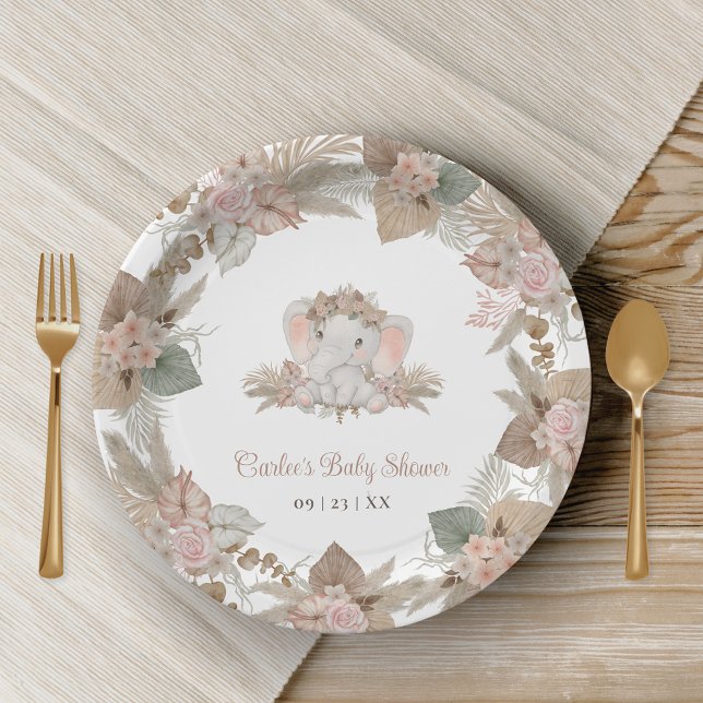 Assiettes En Carton Boho Cute Elephant Baby shower neutre genre (Boho Elephant Baby Shower Paper Plates with Blush Pink Neutral Floral Tones)
