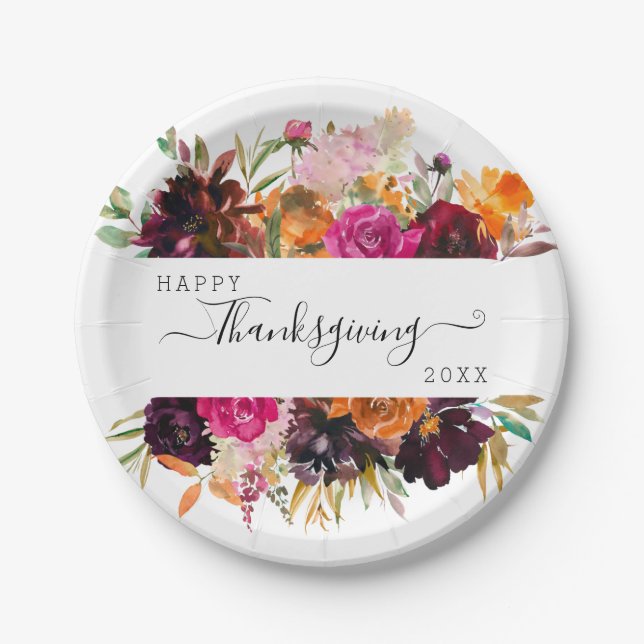Assiettes En Carton Boho d'automne aquarelle florale Thanksgiving (Devant)