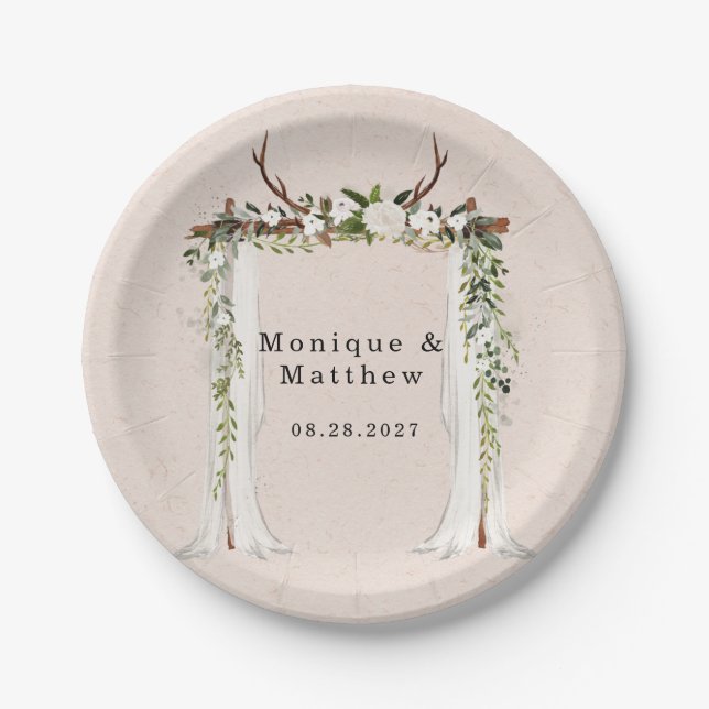 Assiettes En Carton Boho Deer Antlers White Canopy Rustique Mariage (Devant)