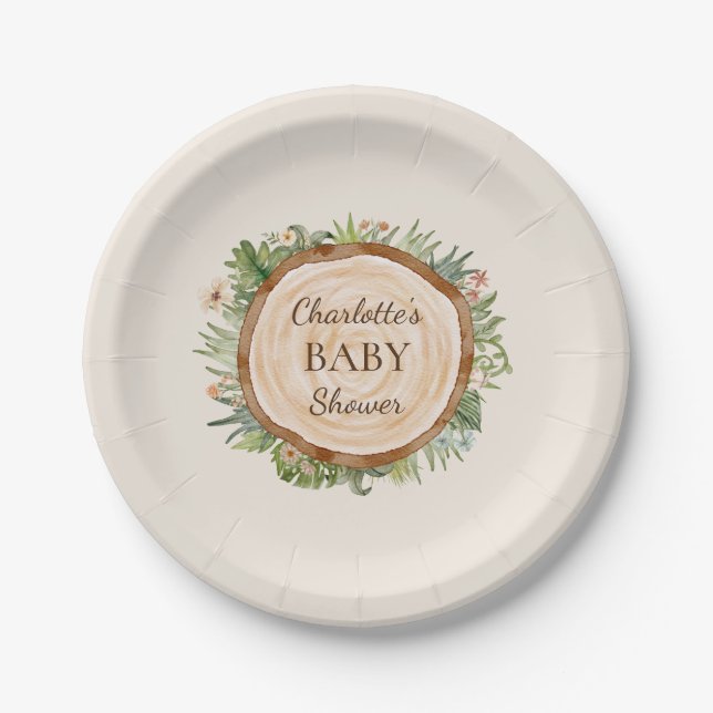 Assiettes En Carton Boho Dinosaur Plaques en papier Baby shower beige (Devant)