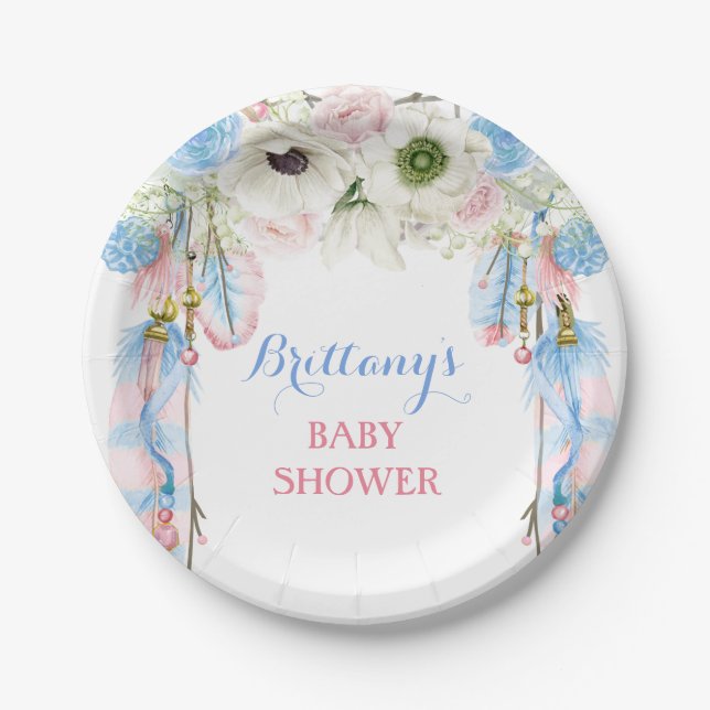 Assiettes En Carton Boho Dream Catcher Plumes Tribal bleu rose (Devant)