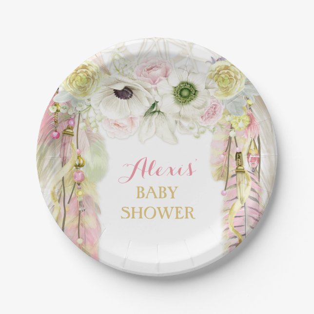 Assiettes En Carton Boho Dream Catcher Plumes Tribal rose jaune (Devant)