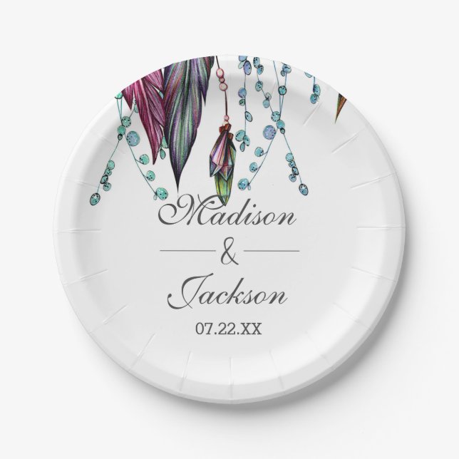 Assiettes En Carton Boho Dreamcatcher & Feathers Mariage rose Monogram (Devant)