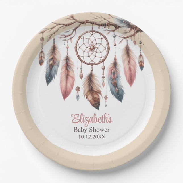 Assiettes En Carton Boho Dreamcatcher Plaque papier Baby shower person (Devant)