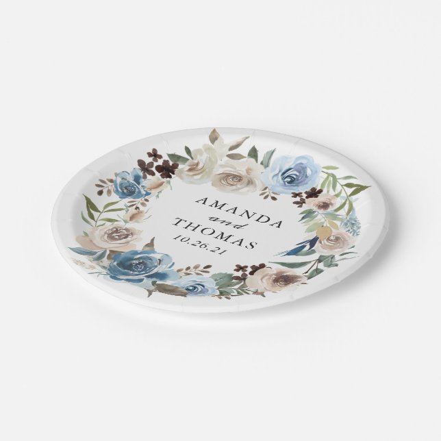Assiettes En Carton Boho Dusty Bleu Beige Floral Mariage (Angle)