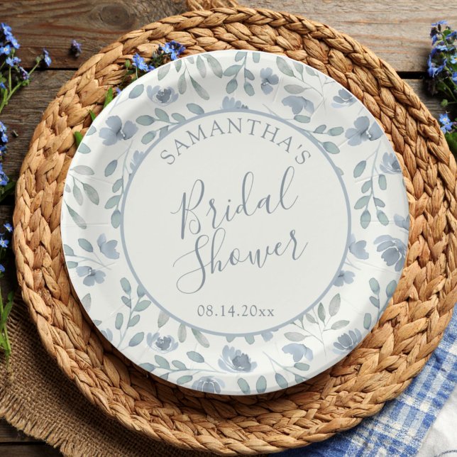 Assiettes En Carton Boho Dusty Blue Floral Fête de Mariage  (Créateur téléchargé)