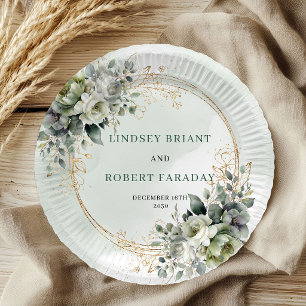 Assiettes En Carton Boho Dusty Green Eucalyptus Aquarelle Mariage