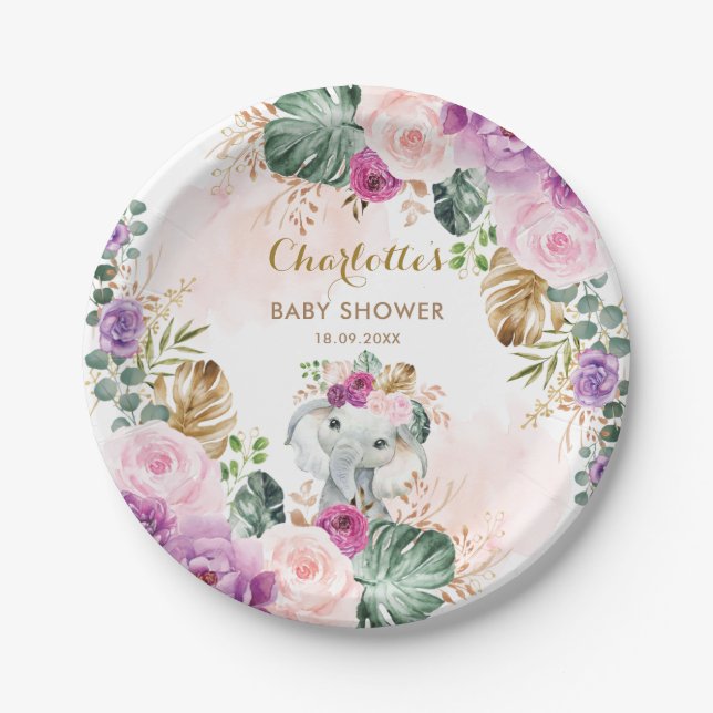 Assiettes En Carton Boho Elephant Blush Purple Floral Jungle Baby Girl (Devant)