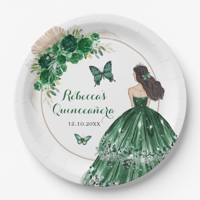 Assiettes En Carton Boho Emerald Green Roses Princesse Quinceañera (Devant)