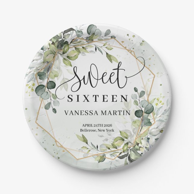 Assiettes En Carton Boho Eucalyptus branches verdoyantes sweet sixteen (Devant)