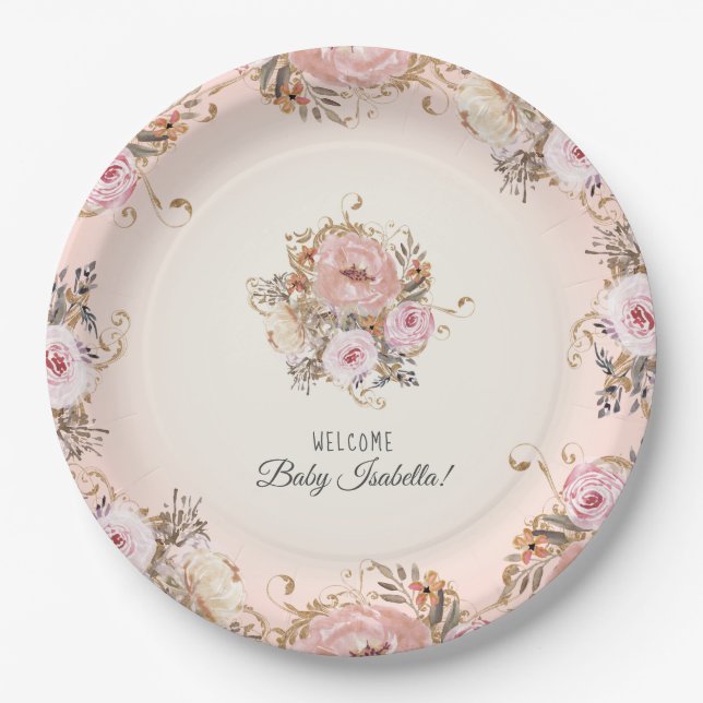 Assiettes En Carton BOHO Fall Floral Blush Aquarelle Bébé Fille Douche (Devant)