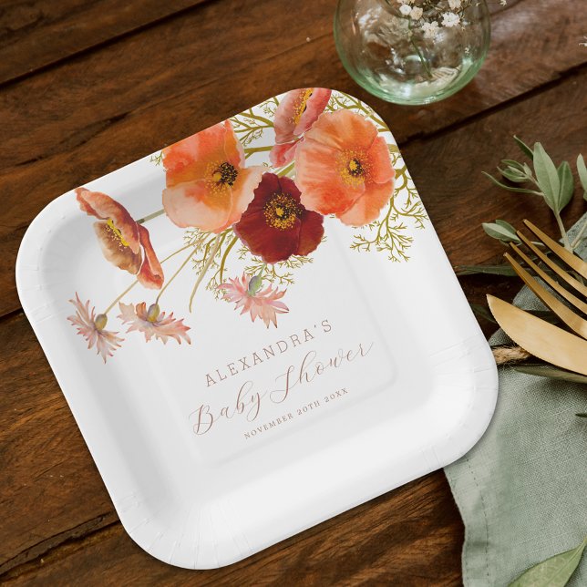 Assiettes En Carton Boho Fall Floral Genre Neutre Baby shower Personna (Boho fall floral gender neutral baby shower custom paper plates Watercolor wildflower elegant script)