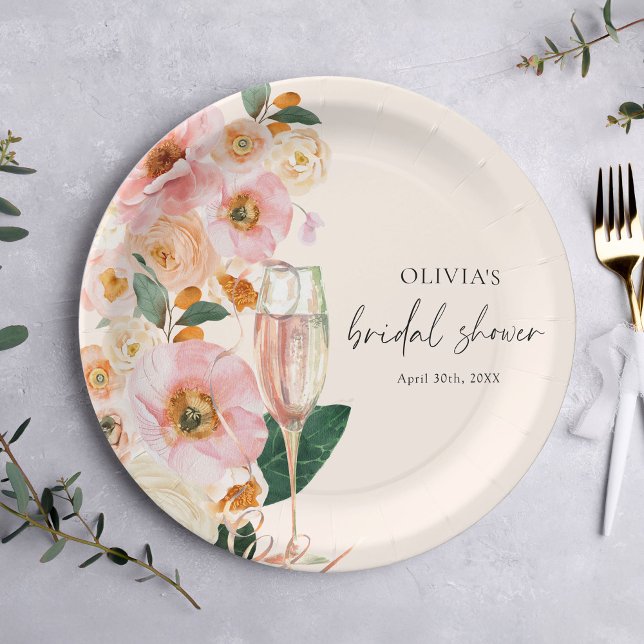 Assiettes En Carton Boho Fête de Mariage au Champagne Fleurs Roses (Créateur téléchargé)