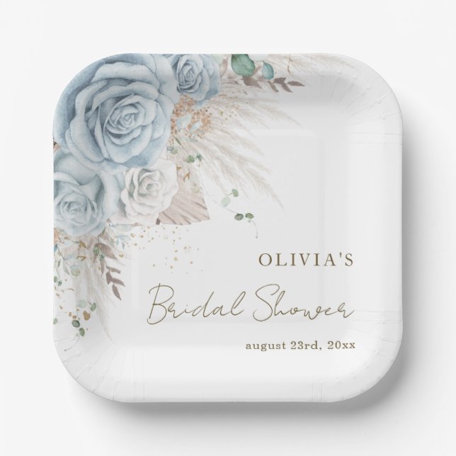 Assiettes En Carton Boho Fête de Mariage Fleurie Bleu Pastel avec Herb (Recto)