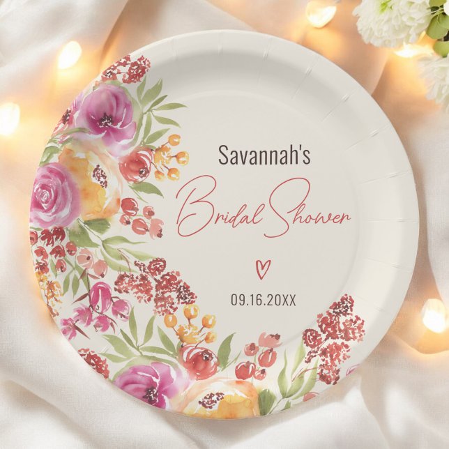 Assiettes En Carton Boho Fête de Mariage Florale Aquarelle Peinte à la (Boho Hand-Painted Watercolor Floral Bridal Shower Paper Plates)