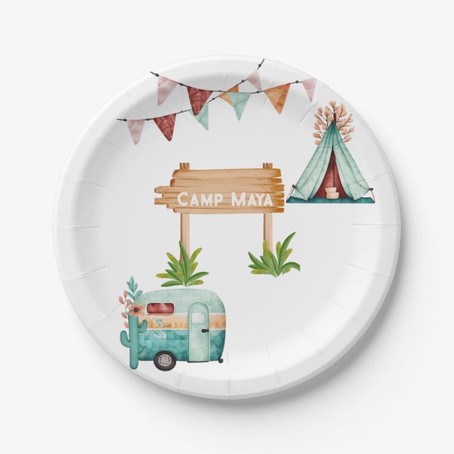 Assiettes En Carton Boho filles camping aventure fête d'anniversaire (Devant)