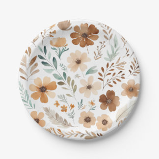Assiettes En Carton Boho Fleur Brun Clair 