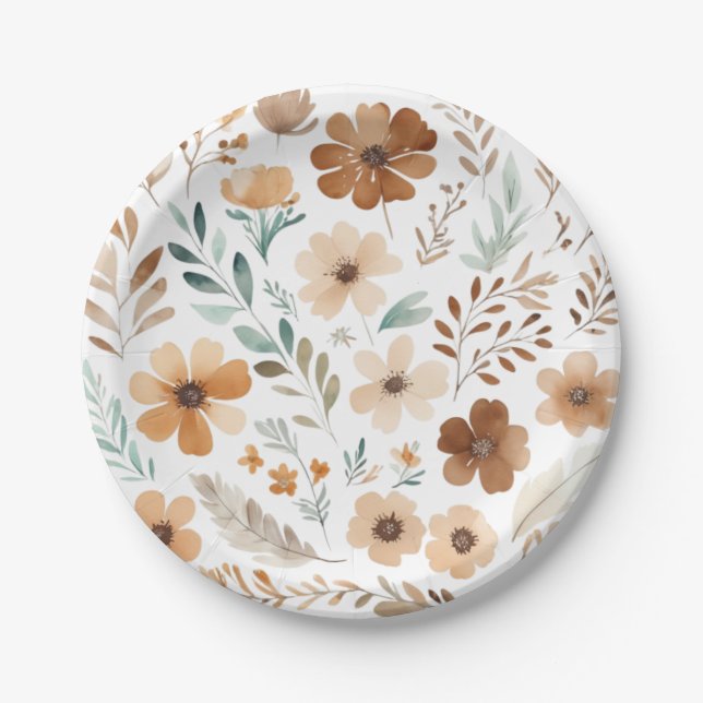 Assiettes En Carton Boho Fleur Brun Clair  (Devant)