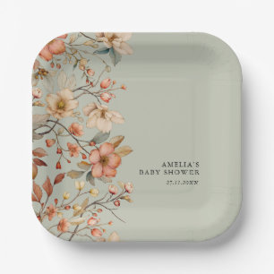 Assiettes En Carton Boho Fleur de Sauvage Floral Vert Sauge Baby Showe