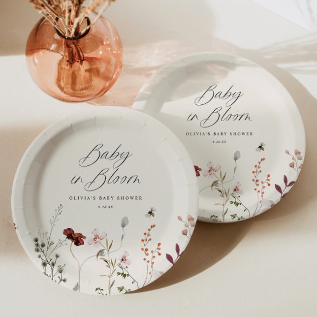 Assiettes En Carton Boho Fleur sauvage Bees Baby shower Floral (Boho Wildflower Baby Shower Plates - Wildflowers and Bees - Floral Baby Shower Decor)