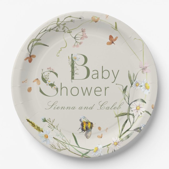 Assiettes En Carton Boho Fleur sauvage Beige Baby shower Beige  (Devant)