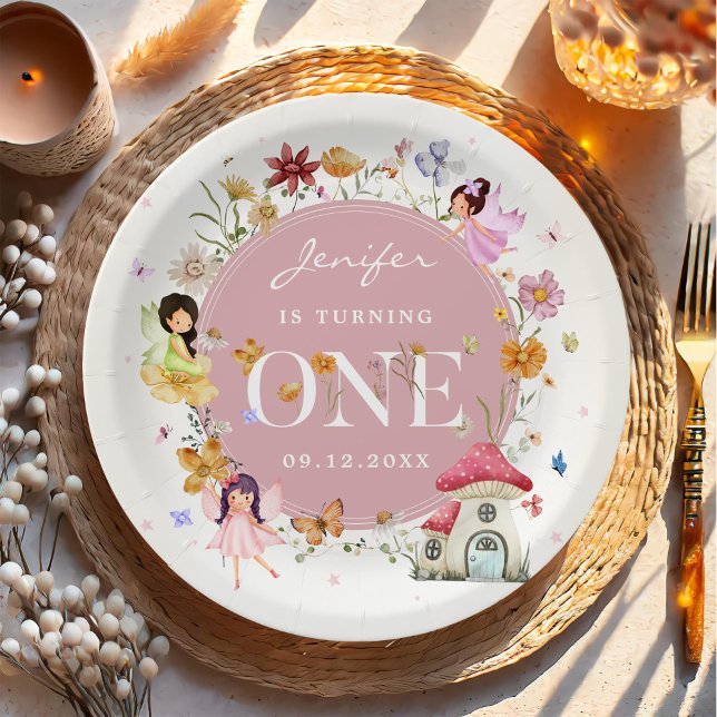 Assiettes En Carton Boho Fleur sauvage Fairy 1er fête d'anniversaire (Créateur téléchargé)