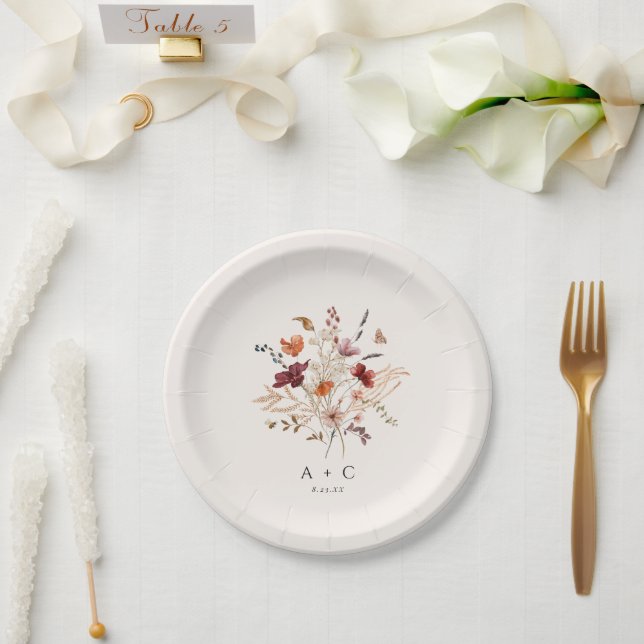 Assiettes En Carton Boho Fleurs sauvages Élégant Mariage de automne gâ (Mariage)