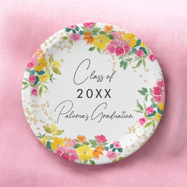 Assiettes En Carton Boho Floral Aquarelle Or Parties scintillant Gradu (Boho Floral Watercolor Gold Glitter Graduation Paper Plates)